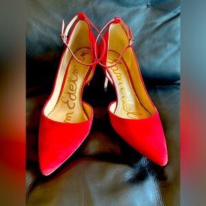 Red suede strappy heels 8
